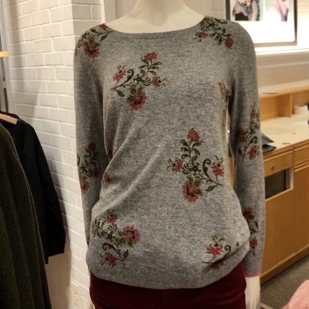 LOFT Floral Wool Blend Crewneck Sweater Gray